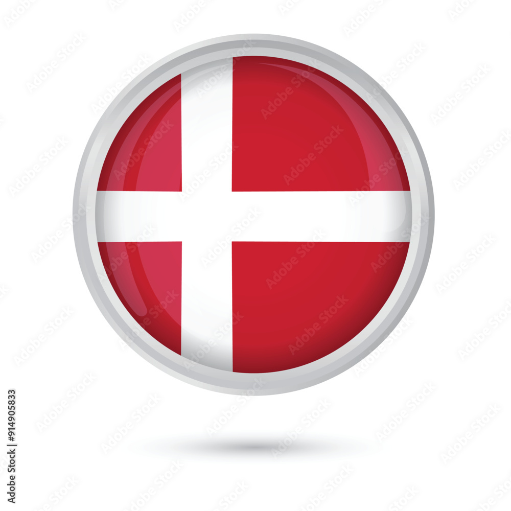 Denmark flag. Round Flag of Denmark glossy framed vector illustration isolated on white background. Official flag of Denmark for national day Independence Day celebration, election Denmark flag. Round Flag of Denmark glossy framed vector illustration isolated on white background. Official flag of Denmark for national day Independence Day celebration, election