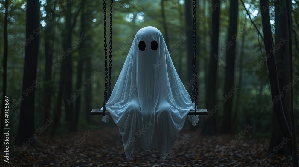 Ghostly Figure Sitting on a Swing in a Forest Ghostly Figure Sitting on a Swing in a Forest
