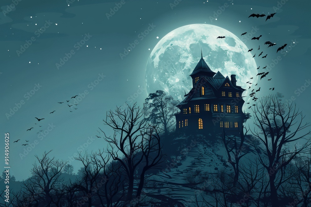 An old, spooky house on top of a hill with a full moon An old, spooky house on top of a hill with a full moon