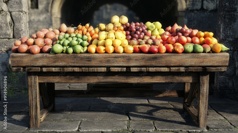 A rustic wooden table laden with an assortment of fresh fruits.