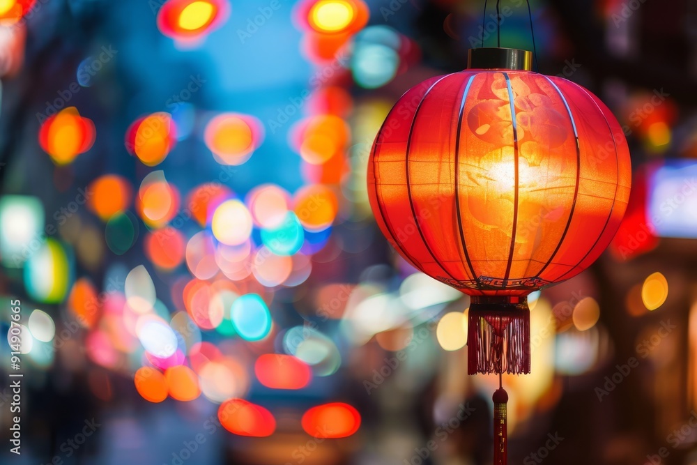 Red Lantern Hanging Against a Blurred Cityscape Red Lantern Hanging Against a Blurred Cityscape