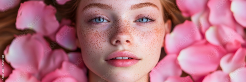 Serenity Embraced: Close-up of a Young Woman with Freckles and Pink Lips Surrounded by Rose Petals, Exuding Natural Beauty and Tranquility Serenity Embraced: Close-up of a Young Woman with Freckles and Pink Lips Surrounded by Rose Petals, Exuding Natural Beauty and Tranquility