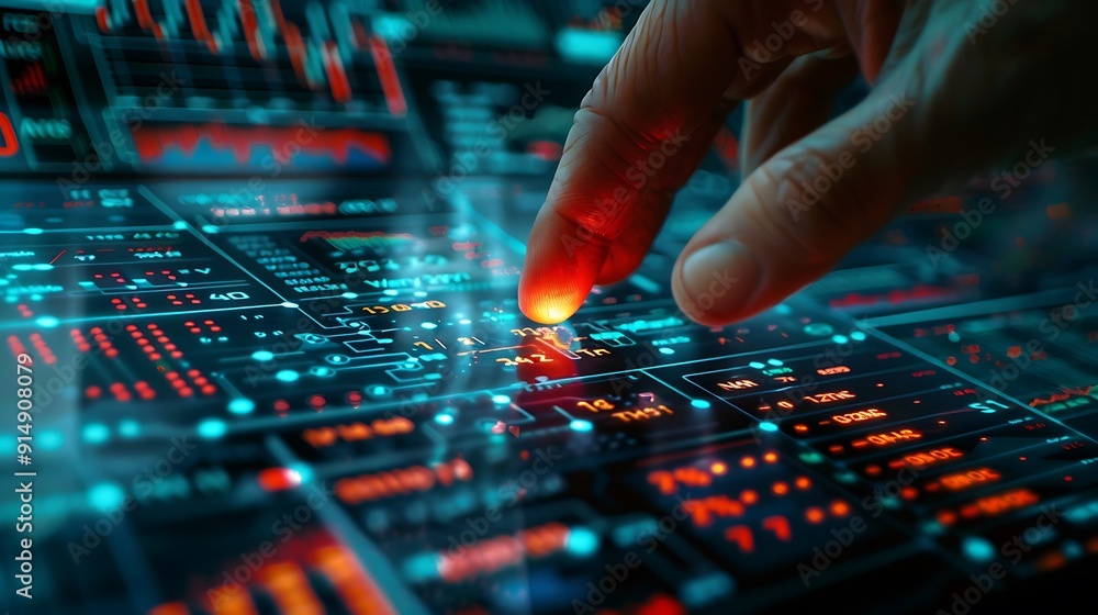 A close-up of a finger about to press the sell button on a digital stock market interface, with red declining graphs in the background, detailed fingers and button, sharp focus on the interface, A close-up of a finger about to press the sell button on a digital stock market interface, with red declining graphs in the background, detailed fingers and button, sharp focus on the interface,