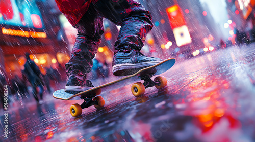 A vibrant scene of a skateboarder riding in the rain on a busy city street, showcasing urban life and action.