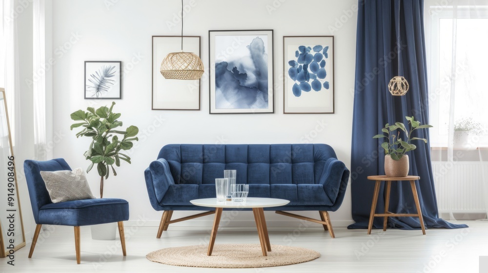 Modern Living Room with Blue Velvet Sofa and Decor Modern Living Room with Blue Velvet Sofa and Decor