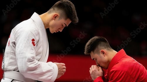 A martial artist bowing respectfully after a victorious match, with their opponent kneeling in defeat, representing the discipline and dominance in sports photo