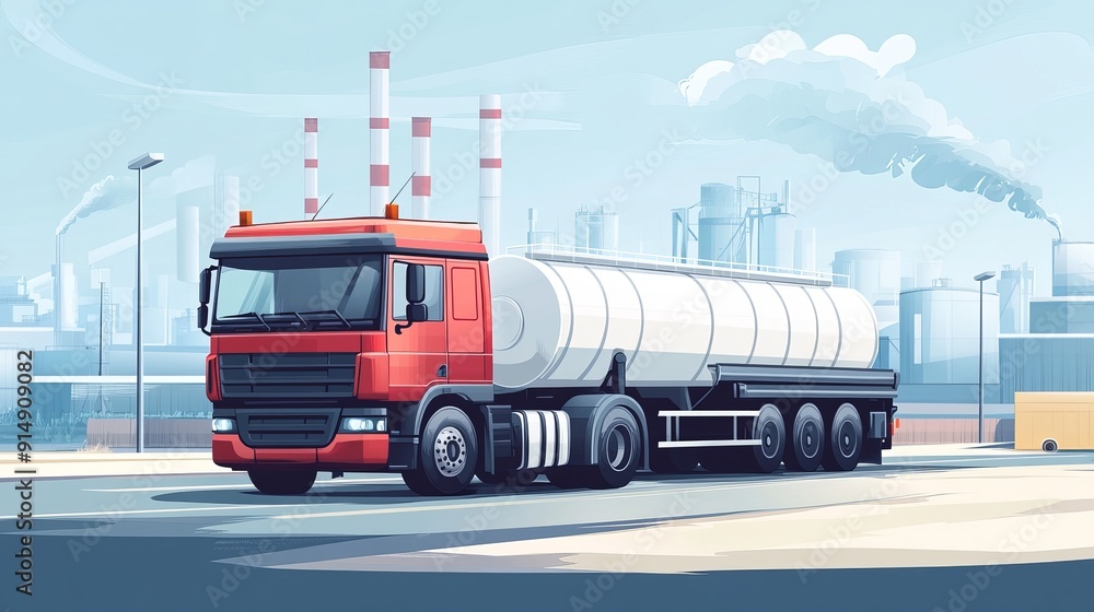 Illustration of a truck with a cistern trailer in an industrial zone Vector Illustration of a truck with a cistern trailer in an industrial zone Vector