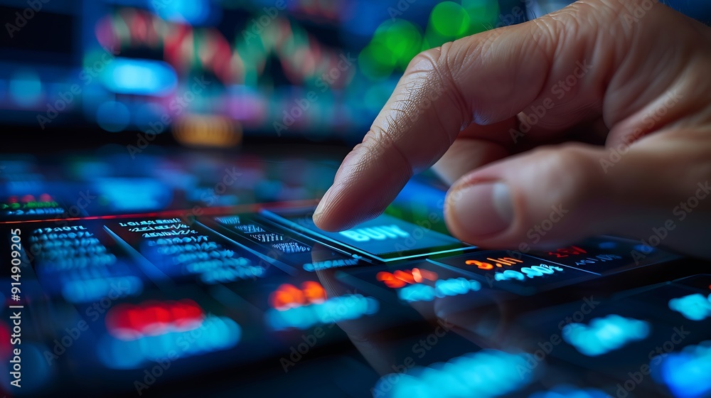 A close-up of a hand hovering over the buy button on a sophisticated stock market screen, with multiple stock tickers displayed in the background, detailed and focused hand, sharp interface, A close-up of a hand hovering over the buy button on a sophisticated stock market screen, with multiple stock tickers displayed in the background, detailed and focused hand, sharp interface,