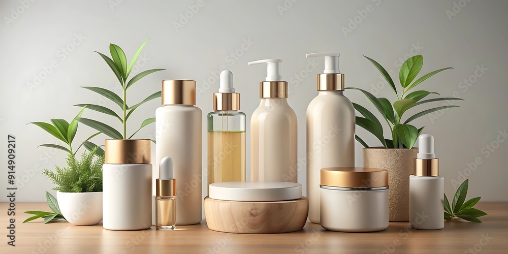 A collection of products including one of which is a bottle of lotion A collection of products including one of which is a bottle of lotion
