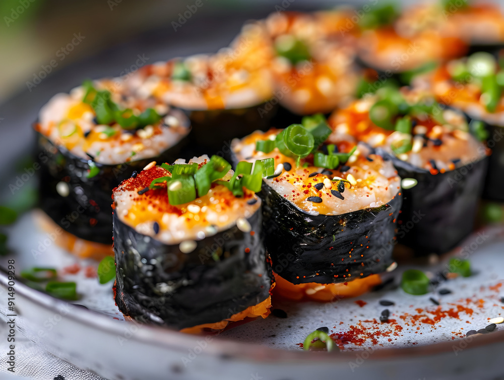 Close Up of Spicy Salmon Sushi Rolls with Sesame Seeds and Green Onions - Food Photography Close Up of Spicy Salmon Sushi Rolls with Sesame Seeds and Green Onions - Food Photography
