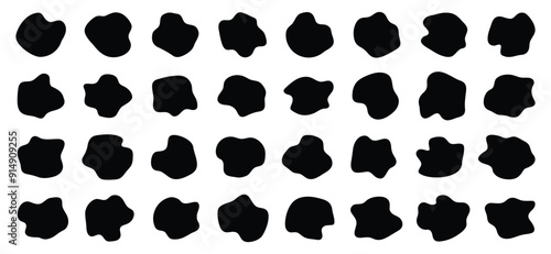 Blob shape organic, vector illustration set. Random shapes. Organic black blobs of irregular shape. Pebble, inkblot, drops and stone silhouettes. Collection of paint liquid black blotch spot irregular