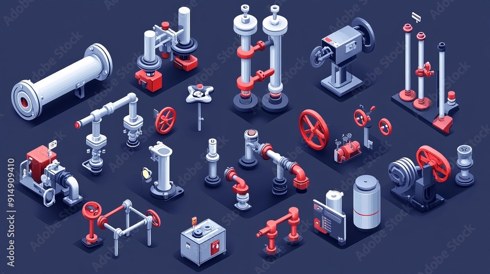Isometric view of valves and piping communications stop valves and appliances for a gas pumping station showing opening or closing of pipeline valves Gas industry and gas transport Isometric view of valves and piping communications stop valves and appliances for a gas pumping station showing opening or closing of pipeline valves Gas industry and gas transport