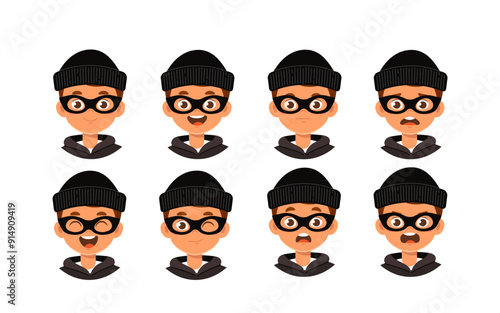 Male robber constructor. Man in black mask and hat different emotions and feelings. Kit for customization. Pack of heads and faces. Flat vector collection