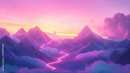 vibrant pink mountains under a colorful sunset with a winding path through fluffy clouds.