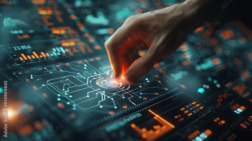 A close-up of a hand pressing the buy button on a futuristic stock market interface, animated stock charts and tickers in the background, detailed and focused hand, sharp interface, A close-up of a hand pressing the buy button on a futuristic stock market interface, animated stock charts and tickers in the background, detailed and focused hand, sharp interface,