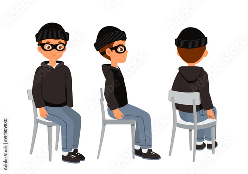 Male robber constructor. Man in black hoodie, mask and hat sit on chair. Kit for creating animatons. Pack of character in different poses. Gangster and bandit. Flat vector collection