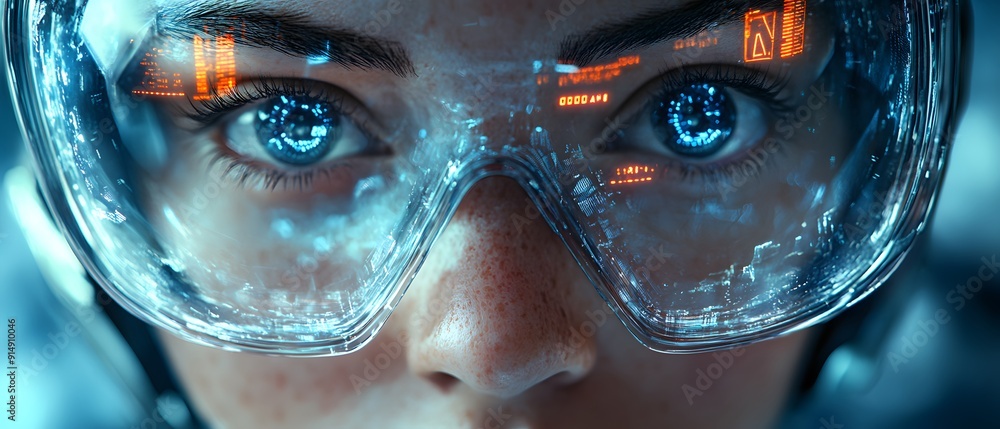 Close-Up of Woman's Eye with Futuristic Goggles. Close-Up of Woman's Eye with Futuristic Goggles.