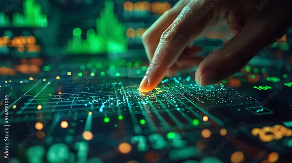 Obraz premium A close-up of a hand pressing the buy button on a futuristic stock market interface, green stock market signals in the background, detailed and focused hand, sharp interface, soft blur on charts,