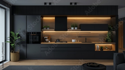 Wallpaper Mural Modern Kitchen with Dark Cabinets and Wooden Accents Torontodigital.ca