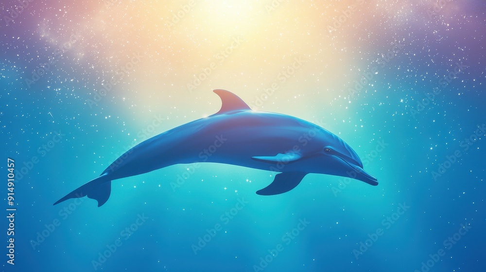 Obraz premium dolphin swimming through vibrant blue waters, illuminated by soft, ethereal light, showcasing nature's beauty.