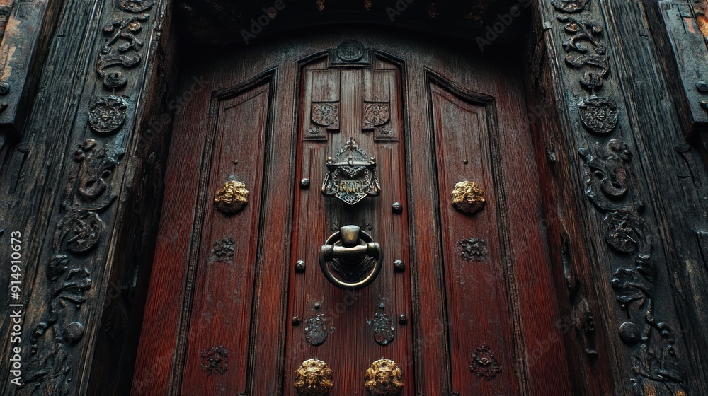Antique Wooden Door with Ornate Details Antique Wooden Door with Ornate Details