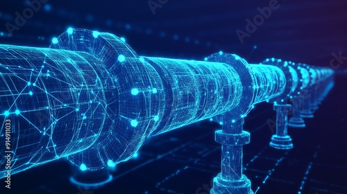 Oil pipeline business concept depicted in low poly style Polygonal petrol production emphasizing finance economy Petroleum fuel industry transportation line with connection dots in a blue