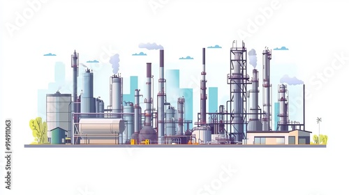 Oil production plant petrochemical plant and large oil refinery presented in a flat style featuring metallic constructions