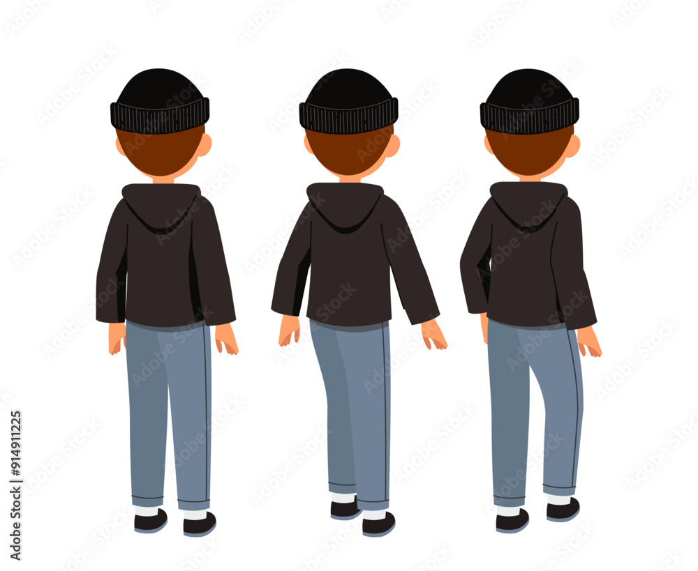 Male robber constructor. Man in black hoodie and hat back view. Kit for creating animations. Pack of person in different poses. Crime and robbery. Flat vector collection Male robber constructor. Man in black hoodie and hat back view. Kit for creating animations. Pack of person in different poses. Crime and robbery. Flat vector collection
