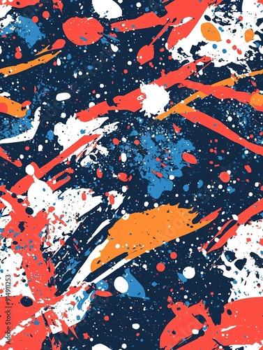 Abstract Artwork with Red, Orange, Blue, White, and Black Paint Splatter