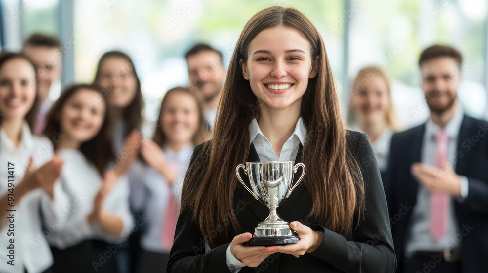 © Oulaphone - Business success concept. Happy winner businesswoman receives a business award and holding trophy with team of cheerful workers. Celebrating and congratulating their leader on great work success. © Oulaphone - Business success concept. Happy winner businesswoman receives a business award and holding trophy with team of cheerful workers. Celebrating and congratulating their leader on great work success.