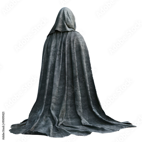 A mysterious figure cloaked in dark fabric, evoking themes of intrigue and the unknown. transparent background