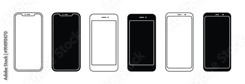 Smartphone outline set. Mobile phone mockup. Mobile phone. Vector