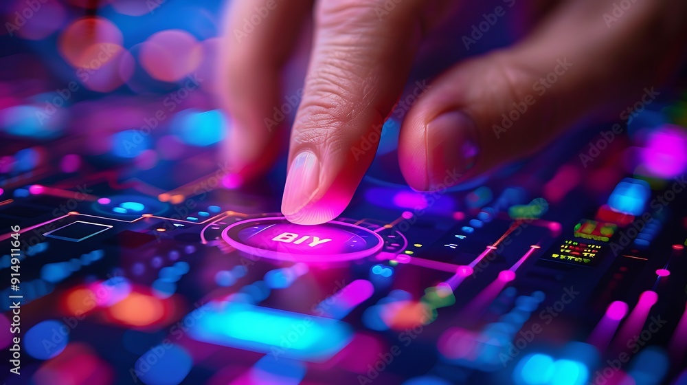 A close-up of a hand pressing the buy button on a modern stock trading interface, bright and colorful stock charts and graphs in the background, fingers in focus, vivid display, realistic lighting, A close-up of a hand pressing the buy button on a modern stock trading interface, bright and colorful stock charts and graphs in the background, fingers in focus, vivid display, realistic lighting,