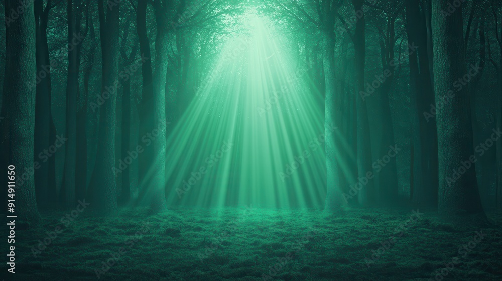 Fototapeta premium forest illuminated by ethereal green light, creating an enchanting atmosphere of nature and tranquility.