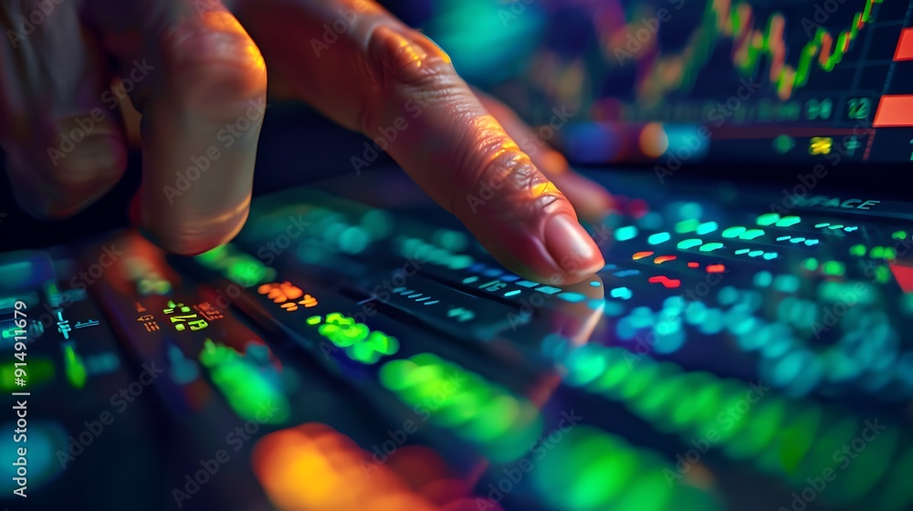 A close-up of a hand pressing the buy button on a modern stock trading interface, green upward-trending graphs in the background, fingers in focus, vivid display, realistic lighting, A close-up of a hand pressing the buy button on a modern stock trading interface, green upward-trending graphs in the background, fingers in focus, vivid display, realistic lighting,