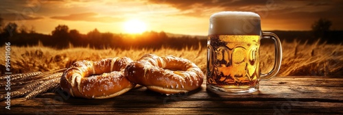 Traditional Beer Festival Charm: A Beer Stein and Pretzel on a Rustic Wooden Table with the Warmth of Golden Wheat and Sunset Lighting. photo