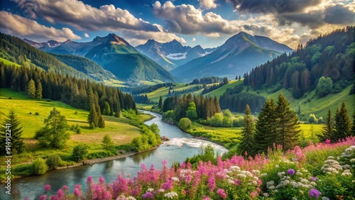 Expansive view of a rural valley filled with lush greenery, blooming flowers, and a flowing river, framed by the majestic peaks of the Carpathian Mountains