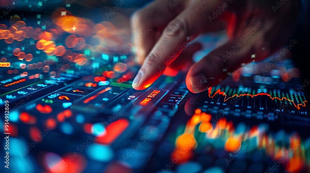 A close-up of a hand pressing the sell button on a chaotic stock market interface, with numerous red arrows and fluctuating charts in the background, detailed and focused hand, sharp interface, A close-up of a hand pressing the sell button on a chaotic stock market interface, with numerous red arrows and fluctuating charts in the background, detailed and focused hand, sharp interface,