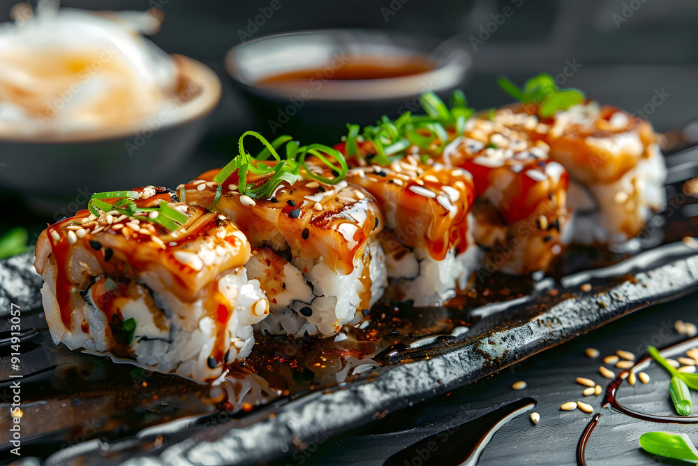 Closeup of Delicious Unagi Sushi Rolls with Sesame Seeds, Green Onions, and Soy Sauce - Food Photography Closeup of Delicious Unagi Sushi Rolls with Sesame Seeds, Green Onions, and Soy Sauce - Food Photography