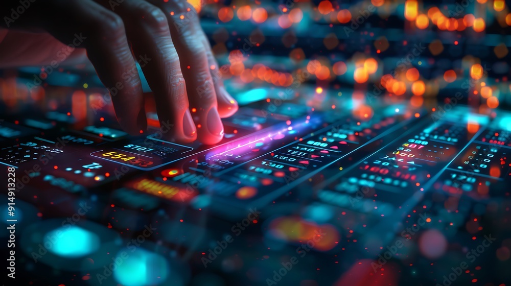 A close-up of a hand pressing the sell button on a futuristic stock market interface filled with numbers and graphs, fingers in focus, vibrant display, realistic lighting, clear button details, A close-up of a hand pressing the sell button on a futuristic stock market interface filled with numbers and graphs, fingers in focus, vibrant display, realistic lighting, clear button details,