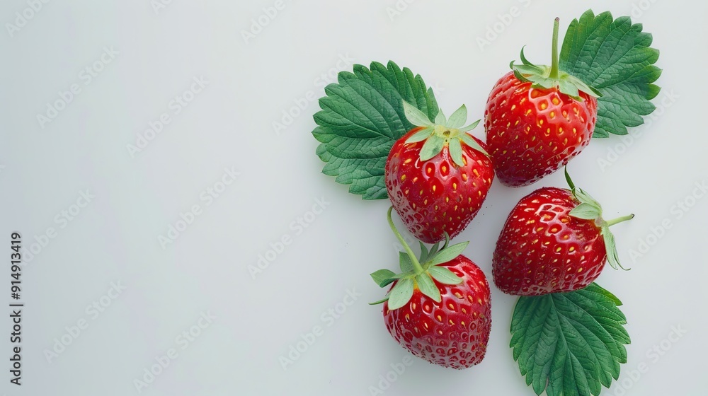 Three strawberries with strawberry leaf on white background. copy space for text. Three strawberries with strawberry leaf on white background. copy space for text.