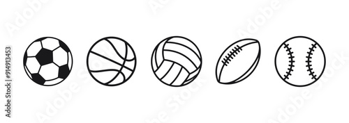Sport balls set. Ball icons. Balls for Football, Soccer, Basketball, Tennis, Baseball, Volleyball. Vector illustration