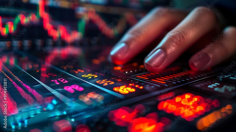 A close-up of a hand pressing the sell button on a responsive stock trading screen, with fast-moving red stock charts in the background, fingers in focus, vivid display, realistic lighting, A close-up of a hand pressing the sell button on a responsive stock trading screen, with fast-moving red stock charts in the background, fingers in focus, vivid display, realistic lighting,