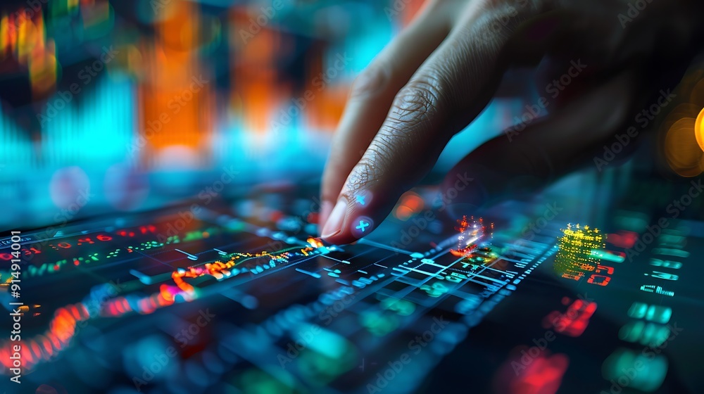 A close-up of a hand pressing the sell button on a stock market screen filled with numbers and graphs, detailed and focused hand, sharp interface, soft blur on charts, high contrast, vivid colors, A close-up of a hand pressing the sell button on a stock market screen filled with numbers and graphs, detailed and focused hand, sharp interface, soft blur on charts, high contrast, vivid colors,