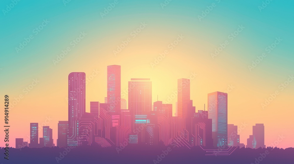 city skyline at sunset, showcasing colorful buildings against a gradient sky, ideal for urban themes and inspiration. city skyline at sunset, showcasing colorful buildings against a gradient sky, ideal for urban themes and inspiration.