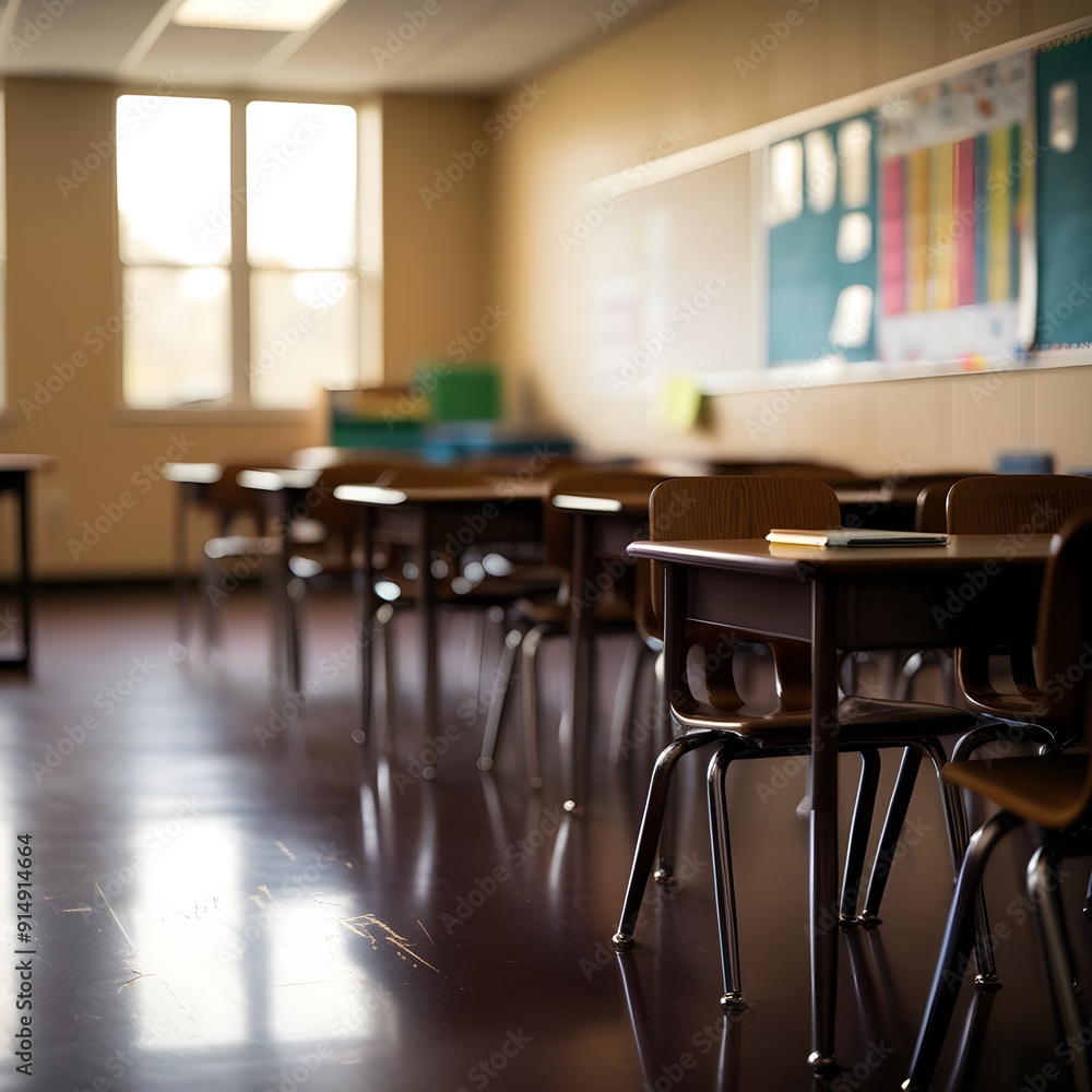 School classroom in blur background without young student; Blurry view of elementary class room no kid or teacher with chairs and tables in campus. School classroom in blur background without young student; Blurry view of elementary class room no kid or teacher with chairs and tables in campus.