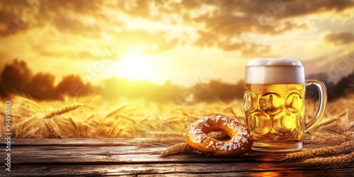 Traditional Beer Festival Charm: A Beer Stein and Pretzel on a Rustic Wooden Table with the Warmth of Golden Wheat and Sunset Lighting. photo