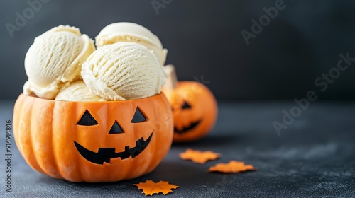 Vintagestyle Halloween pumpkin ice cream on a dark background, ice cream halloween pumpkin, nostalgic holiday