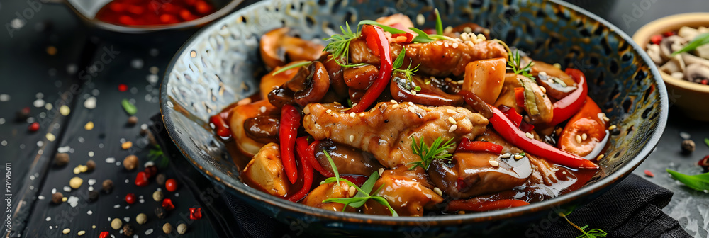 Delicious Stir-Fried Chicken with Mushrooms and Peppers in a Bowl - Food Photography Delicious Stir-Fried Chicken with Mushrooms and Peppers in a Bowl - Food Photography