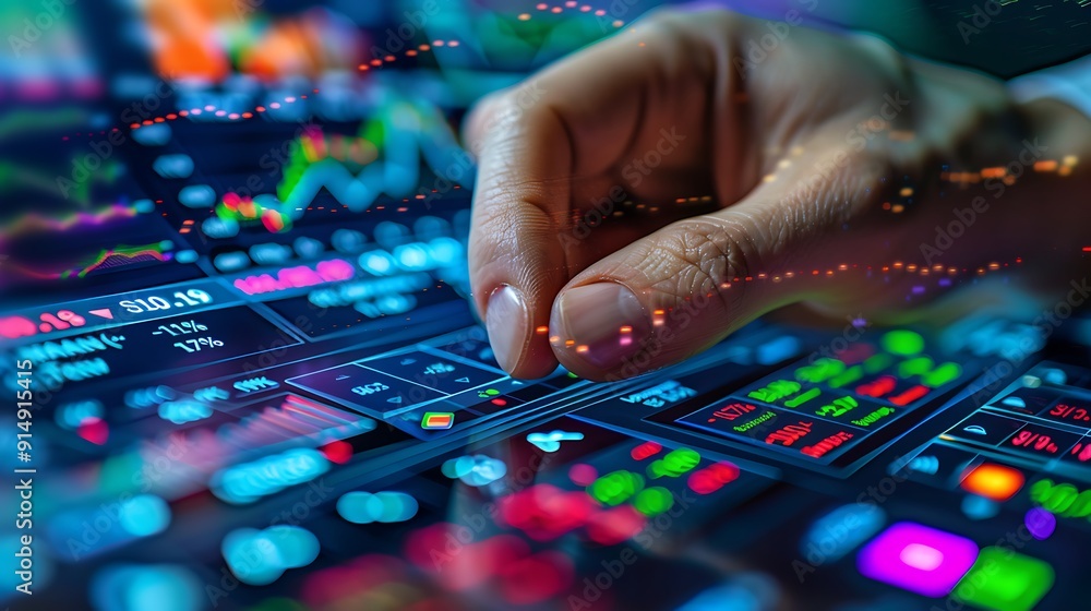 A detailed shot of a hand pressing the buy button on a stock trading screen, with various stock trends in the background, sharp focus on the interface, realistic lighting, clear button details, A detailed shot of a hand pressing the buy button on a stock trading screen, with various stock trends in the background, sharp focus on the interface, realistic lighting, clear button details,